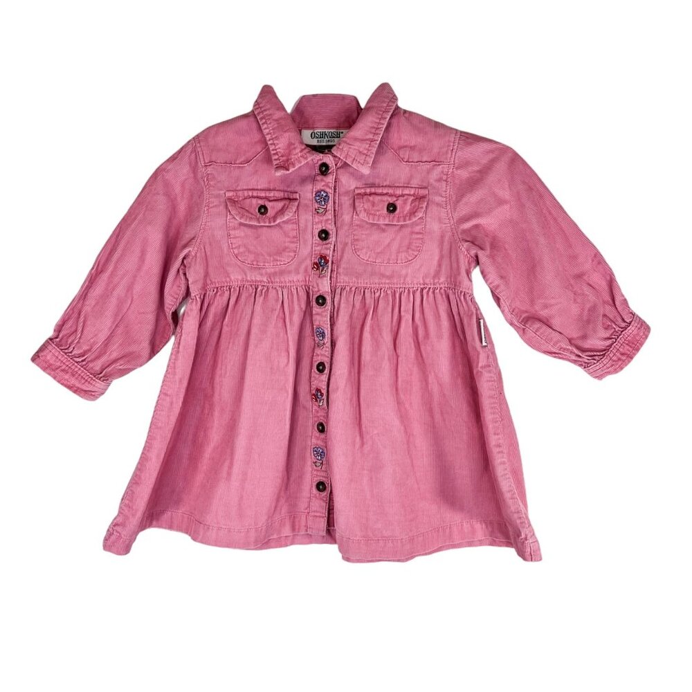OSHKOSH Dress Size 18 Months Girls Pink Corduroy Embroidered Floral Button Front